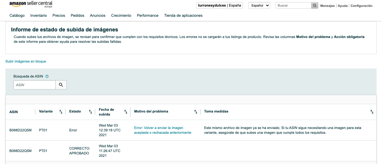 Informe de estado de subida de imágenes